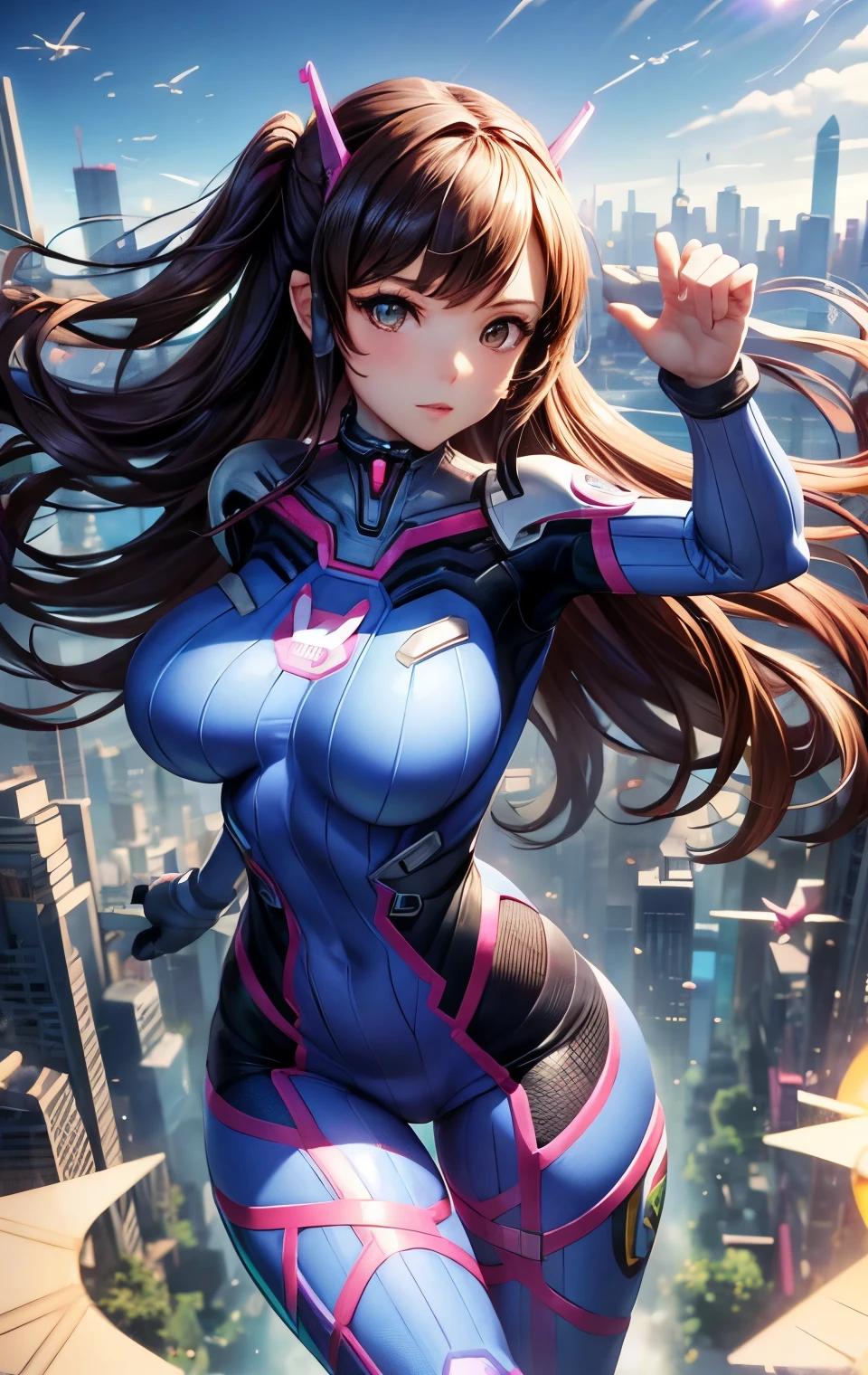 Dva from overwatch is Flight over the city in her sexy skintight purple jumpsuit.  Although she only learned to fly recently , le encanta y Now pasa la mayor parte del tiempo en el aire. She is attractive and sexy ,  she also has big breasts that help her fly . Now,  flirtatiously shows her power levitating over the city . indefinite, indefinite, indefinite, floating gently,  levitation , Flight