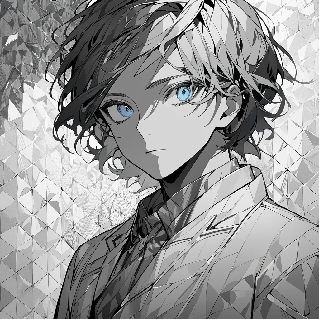 " A male character with short hair and gray ,  in a completely monochrome color palette ,  composed only of shades of gray and white .  His appearance is elegant and minimalist ,  with soft detailed features and expressive eyes in light gray .  He wears modern and stylized clothes ,  like a suit with geometric details, maintaining the monochrome style .  The lighting highlights the contrasts between the different shades of gray,  creating a dramatic and artistic effect .  The background is simple ,  in white or gray ,  to keep the focus on the character ."