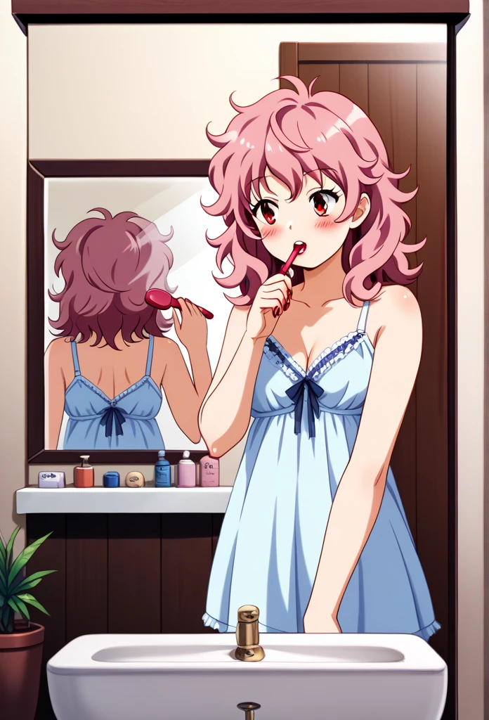 1girl, solo, masterpiece, best quality, (anime art style:1.0), blushing, standing in front of a mirror, brushing her teeth, fleece pastel nightgown, messy pink hair, red eyes painted nails, bathroom background/landscape