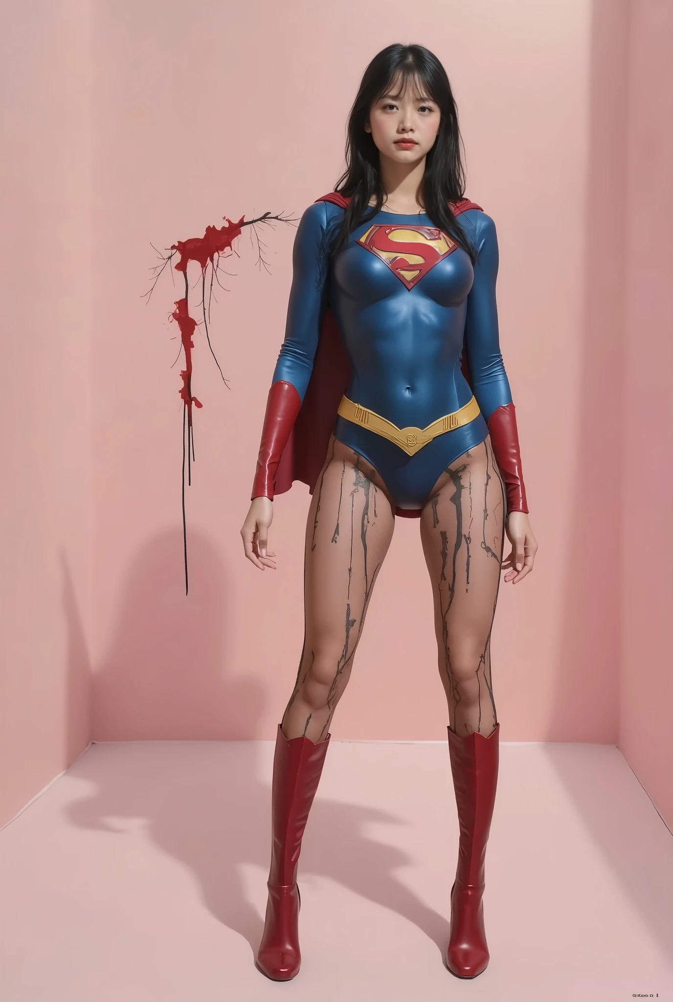 Wearing a Supergirl costume、The of the beautiful Japanese girl Supergirl, covered in green liquid 、Beautiful Japanese Supergirl、close your eyes、Bleeding from the groin、Face in pain、spit blood from the mouth、Hanged、Dead、Vomiting blood、Dead