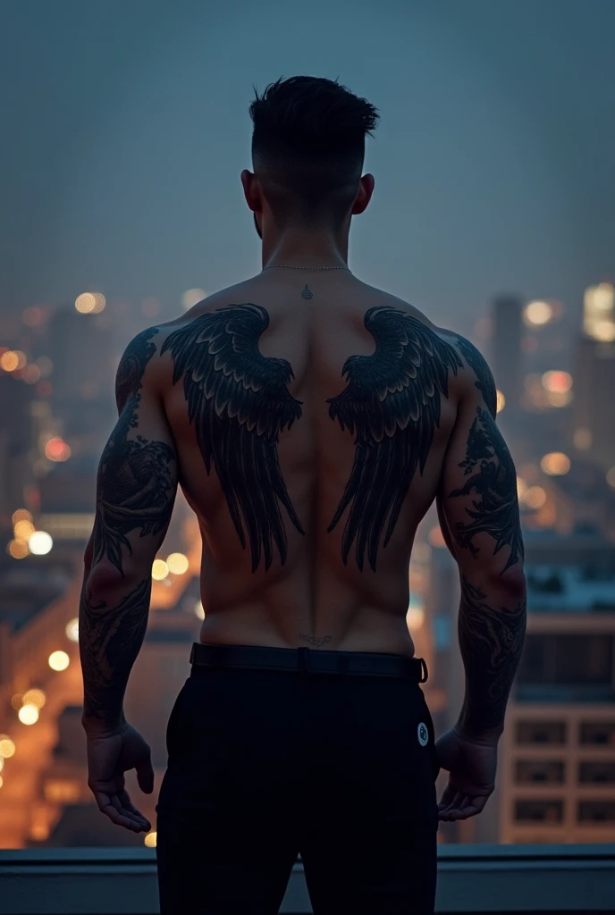 Strong man with his back turned, showing a yin yang tattoo with wings on his back, extending towards his shoulder.