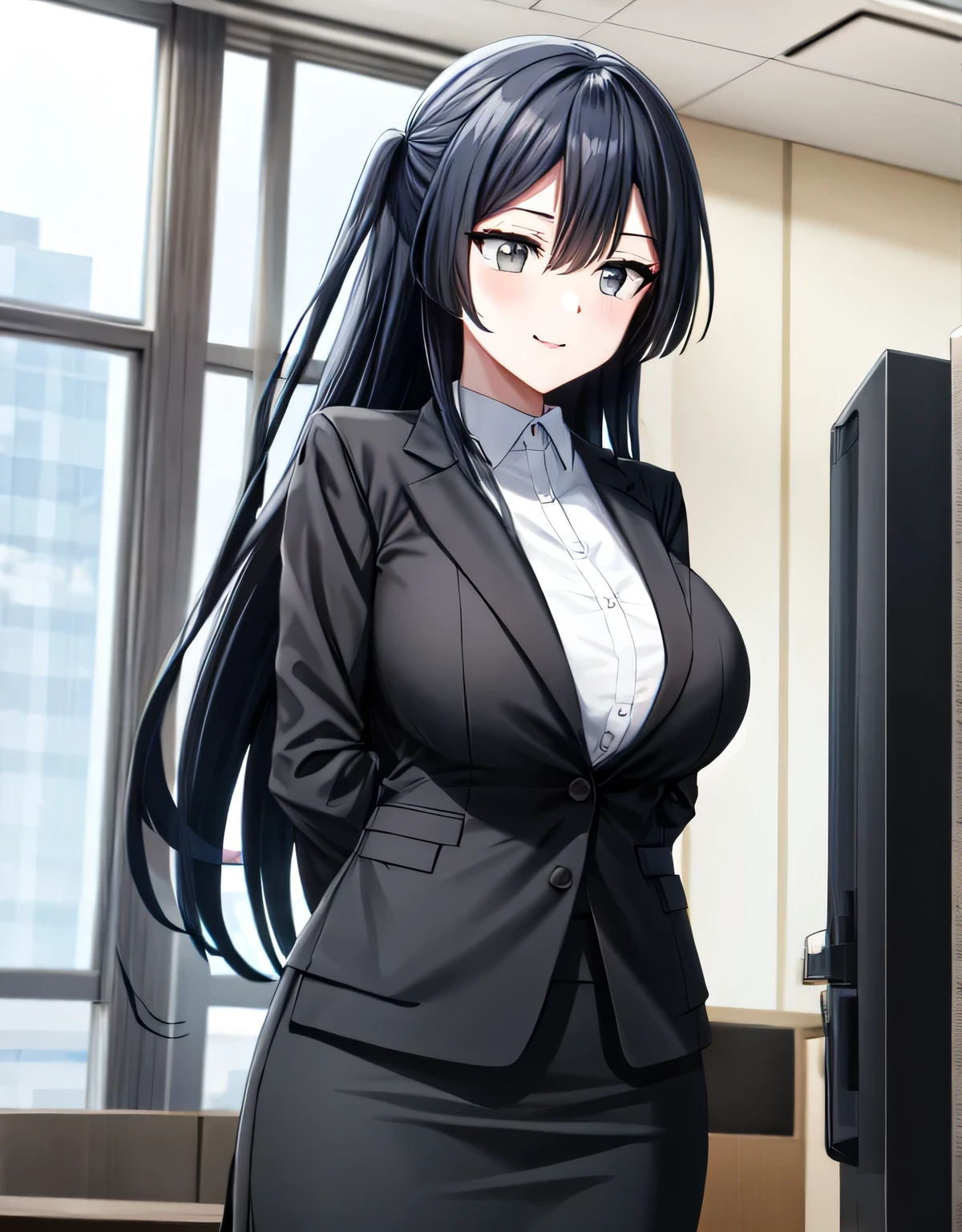 (black skirt),closed mouth,lips,blush,indoor,officeroom,office lady,smile,black business suit,black formal suit,black jacket,white shirt,setsuna yuuki,long hair,bangs,black hair,sidelocks,(grey eyes:1.3),(left one side up),skirt,closed mouth,lips,blush,indoor,officeroom,office lady,smile,black business suit,black formal suit,black jacket,white shirt,indoor,(huge breasts:1.5),(shiny,hair),((solo)),((masterpiece)),((best quality)),perfect anatomy,slim waist,perfect image,8k UHD,(beautiful detailed eyes:1.5),extremely detailed face,standing,(upper body:1.2),(look at the front:1.5),(arms behindback),ultra-detailed,absurdres,ultra-highres,22 years-old,