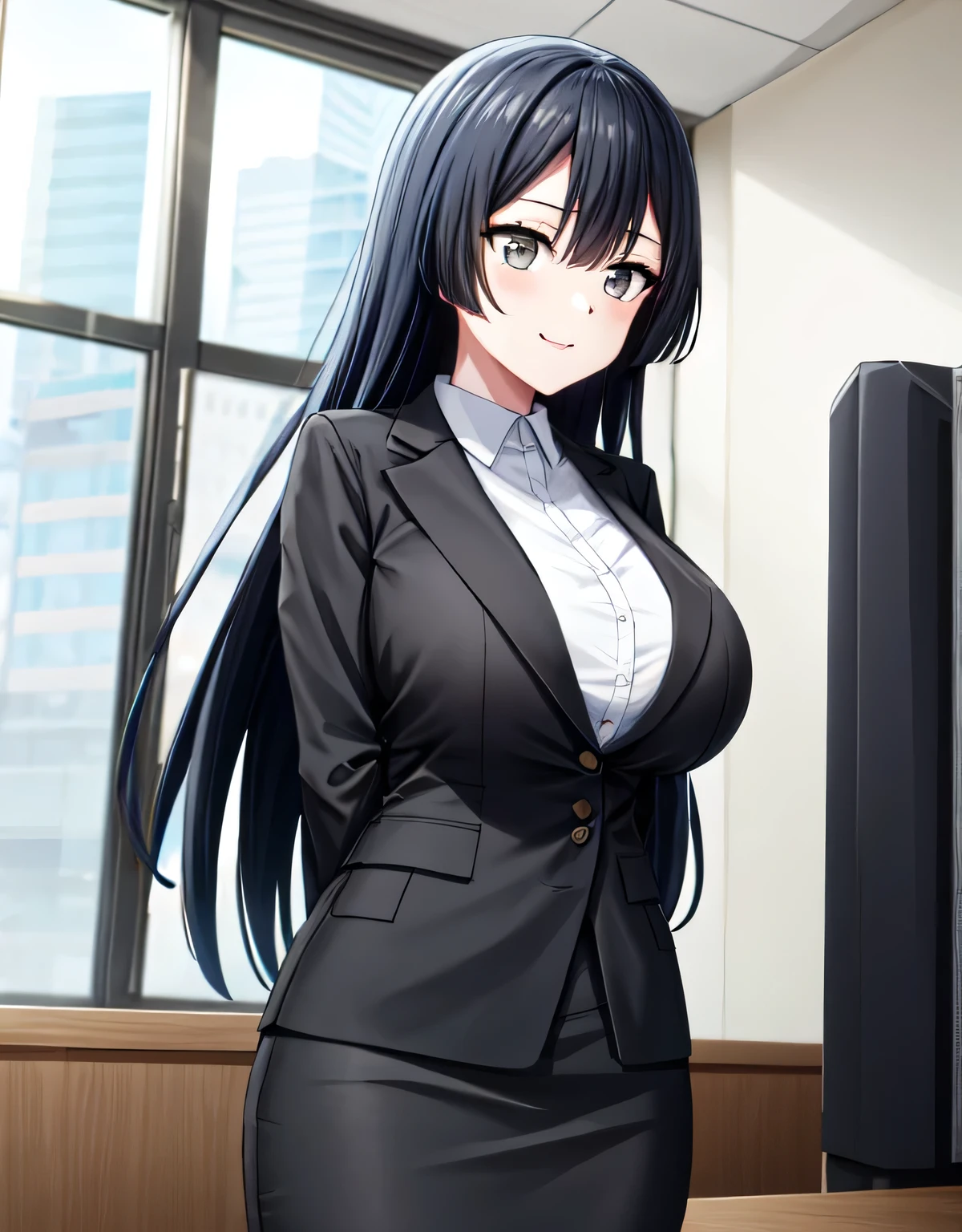 (black skirt),closed mouth,lips,blush,indoor,officeroom,office lady,smile,black business suit,black formal suit,black jacket,white shirt,setsuna yuuki,long hair,bangs,black hair,sidelocks,(grey eyes:1.3),(left one side up),skirt,closed mouth,lips,blush,indoor,officeroom,office lady,smile,black business suit,black formal suit,black jacket,white shirt,indoor,(huge breasts:1.5),(shiny,hair),((solo)),((masterpiece)),((best quality)),perfect anatomy,slim waist,perfect image,8k UHD,(beautiful detailed eyes:1.5),extremely detailed face,standing,(upper body:1.2),(look at the front:1.5),(arms behindback),ultra-detailed,absurdres,ultra-highres,22 years-old,