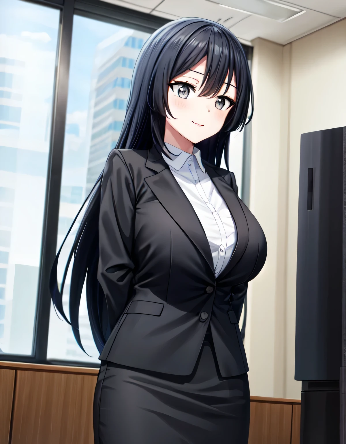 (black skirt),closed mouth,lips,blush,indoor,officeroom,office lady,smile,black business suit,black formal suit,black jacket,white shirt,setsuna yuuki,long hair,bangs,black hair,sidelocks,(grey eyes:1.3),(left one side up),skirt,closed mouth,lips,blush,indoor,officeroom,office lady,smile,black business suit,black formal suit,black jacket,white shirt,indoor,(huge breasts:1.5),(shiny,hair),((solo)),((masterpiece)),((best quality)),perfect anatomy,slim waist,perfect image,8k UHD,(beautiful detailed eyes:1.5),extremely detailed face,standing,(upper body:1.2),(look at the front:1.5),(arms behindback),ultra-detailed,absurdres,ultra-highres,22 years-old,