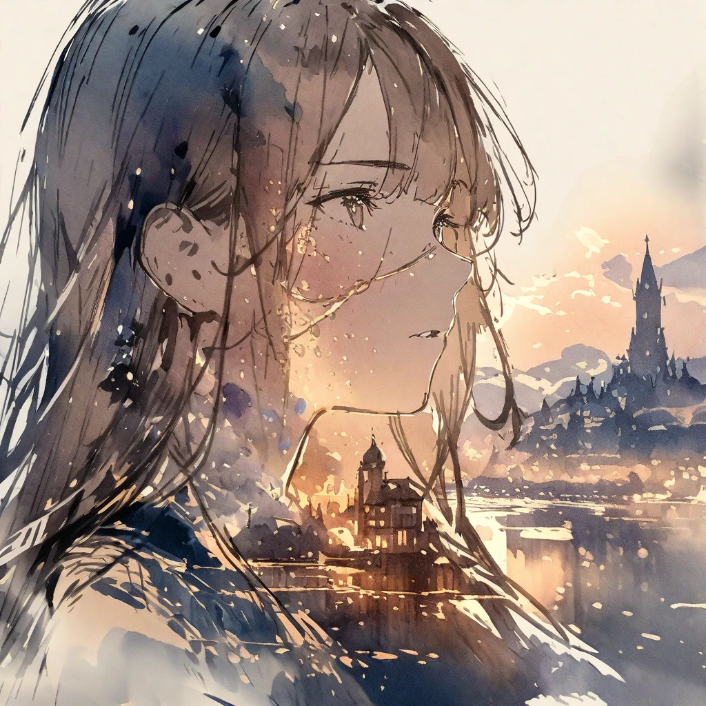 ((sketch:1.5)), ((watercolor:1)), Double Exposure of a Beautiful and Delicate Woman (The face is clear and perfect)image，Background、 perfect super detailed victorian landscape , beautiful, beautiful笑顔, complicated illustration,  artwork concept artwork, break,(Replace it with something familiar and think about it ),