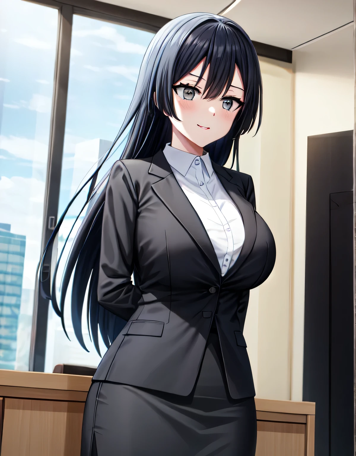 (black skirt),closed mouth,lips,blush,indoor,officeroom,office lady,smile,black business suit,black formal suit,black jacket,white shirt,setsuna yuuki,long hair,bangs,black hair,sidelocks,(grey eyes:1.3),(left one side up),skirt,closed mouth,lips,blush,indoor,officeroom,office lady,smile,black business suit,black formal suit,black jacket,white shirt,indoor,(huge breasts:1.5),(shiny,hair),((solo)),((masterpiece)),((best quality)),perfect anatomy,slim waist,perfect image,8k UHD,(beautiful detailed eyes:1.5),extremely detailed face,standing,(upper body:1.2),(look at the front:1.5),(arms behindback),ultra-detailed,absurdres,ultra-highres,22 years-old,