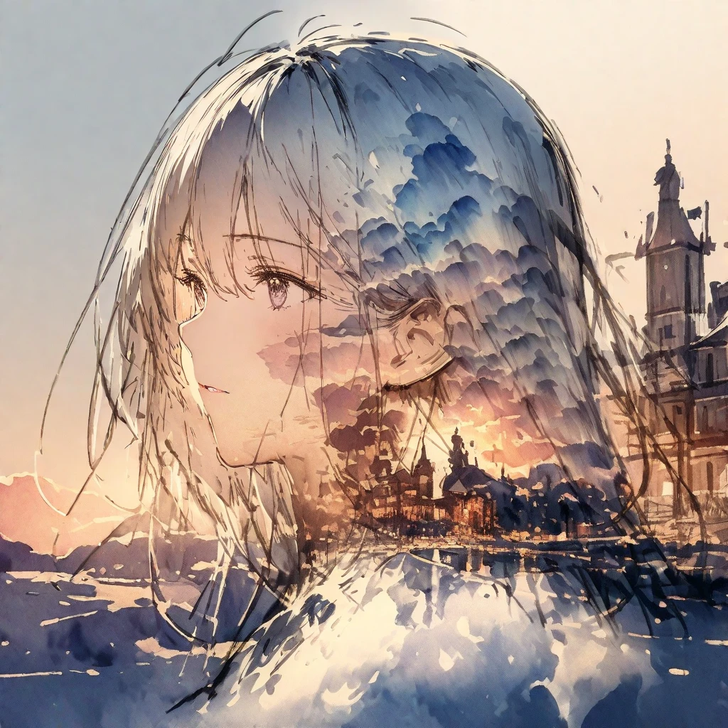 ((sketch:1.5)), ((watercolor:1)), Double Exposure of a Beautiful and Delicate Woman (The face is clear and perfect)image，Background、 perfect super detailed victorian landscape , beautiful, beautiful笑顔, complicated illustration,  artwork concept artwork, break,(Replace it with something familiar and think about it ),