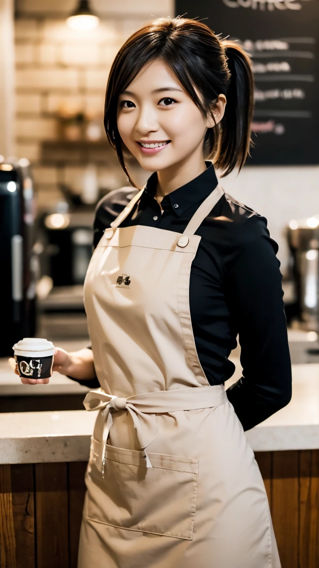 Japanese beautiful  woman, pony tail hair, black shirt, red apron, black tight skirt, clerk of the coffee shop,  b100, w60,  h110, realistic,  smiling, in the morning.