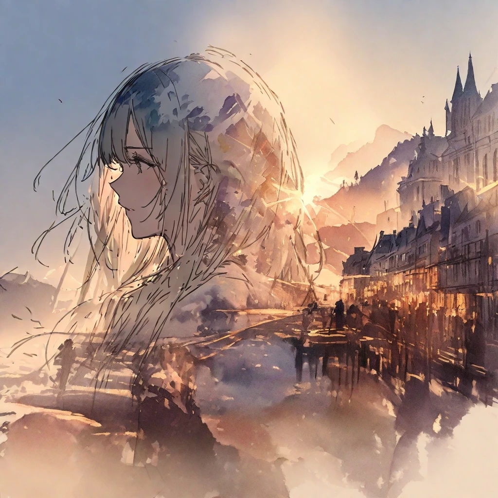 ((sketch:1.5)), ((watercolor:1)), Double Exposure of a Beautiful and Delicate Woman (The face is clear and perfect)image，Background、 perfect super detailed victorian landscape , beautiful, beautiful笑顔, complicated illustration,  artwork concept artwork, break,(Are you just leaving behind things that are important to you),