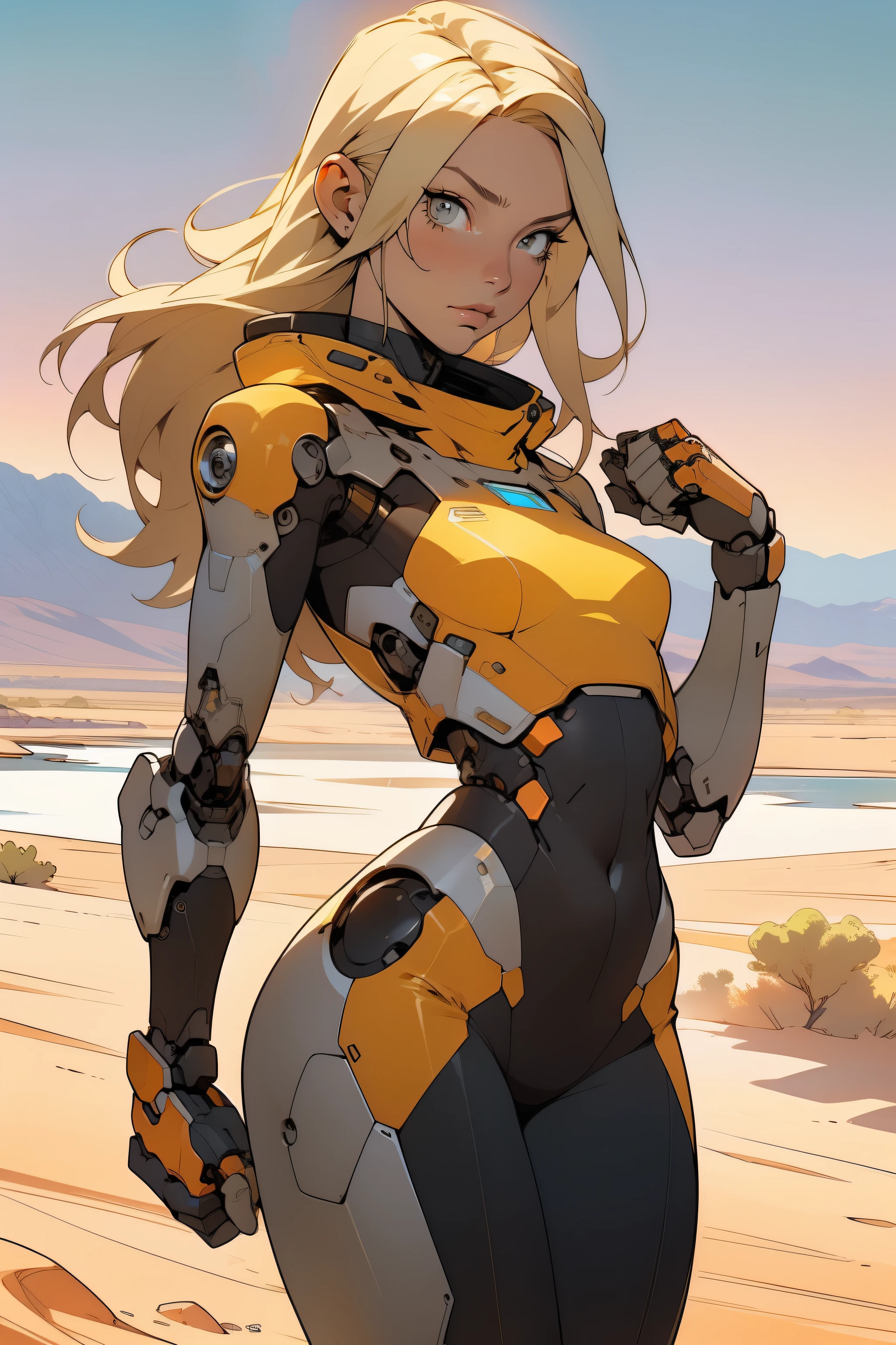 high quality, 4k, masterpiece, beautiful, cyborg girl, cowboy shot, dull eyes, front, looking at viewer, long blonde hair, girl, small breasts, fit thighs, robotic arms, robotic body, cyborg body, white & yellow uniform, orange accent, intricate detail, joint, detailed lines, robotic detail, holding fist up, holding hand up as fist, color robotic parts, robotic parts with color, perfect fingers, on a desert planet, sunny background, colorful desert, a river or a lake in the background, slender thighs, skinny thighs,