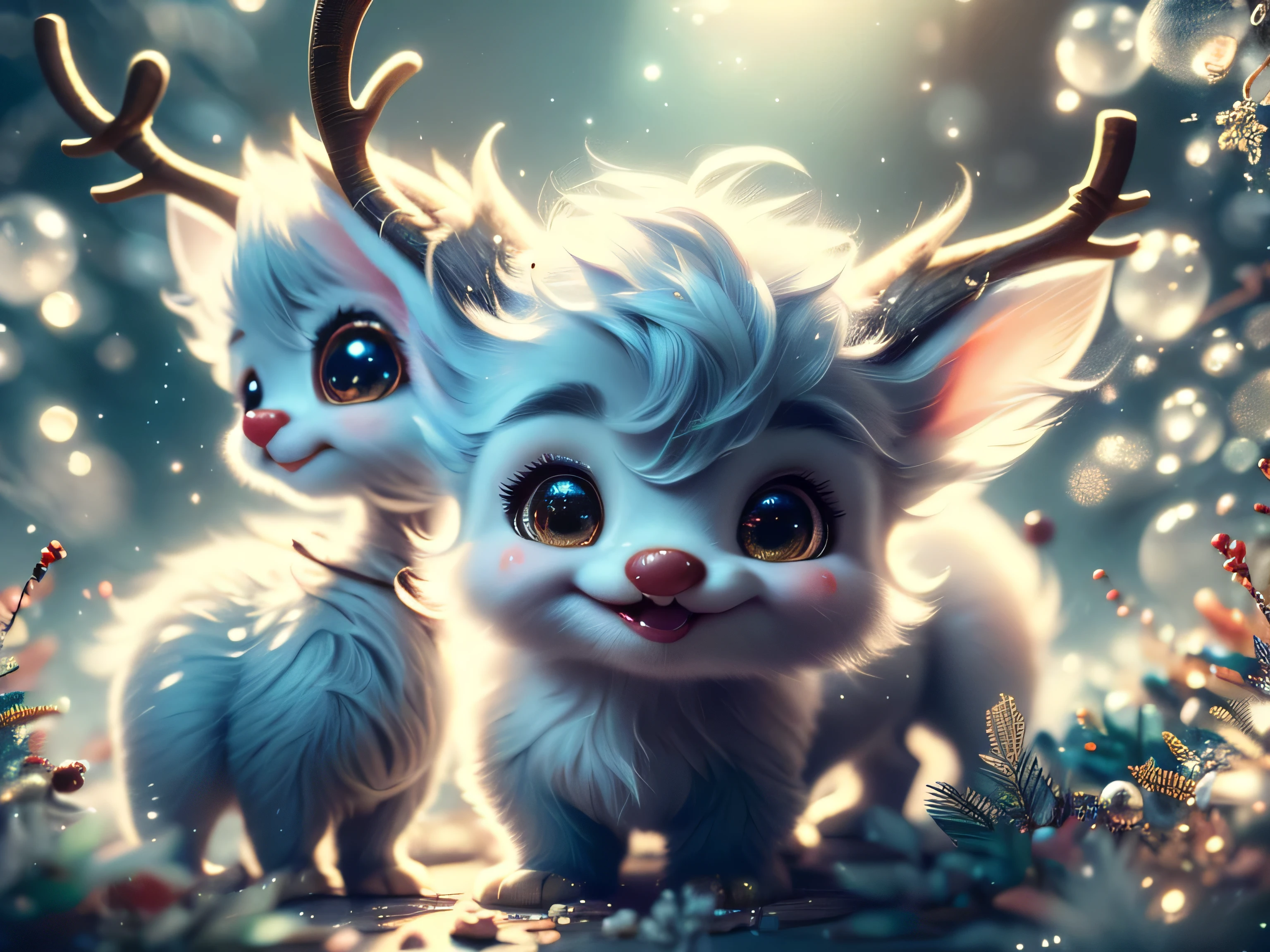 Magical Fantasy Creature, (Best Quality, Masterpiece, Representative Work, Official Art, Professional, Super Detailed, 8k:1.3), (Photorealism:1.2) Super Cute, Big Eyes, Soft, Soft Nose, Fluffy, Double-Toothed Smile, Aurorastyle, Highly detailed Dynamic shot of majestic adorable baby reindeer, high quality, beautiful masterpiece, fantasy creature, kawaii, digital art, glowing sparkles, Realistic, Beautiful, Stars in Eyes, Soft Volumetric Light, (Backlight:1.3), (Cinematic:1.2), Intricate Details, (ArtStation:1.3), --auto --s2