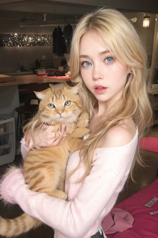 blond haired girl holding a cat in her arms, very beautiful cute catgirl, lalisa manobal, long blonde hair and large eyes, long white hair and bangs, long blonde hair and big eyes, blonde hair and large eyes, beautiful young catgirl, fluffy bangs, attractive cat girl, belle delphine, with small cat on lap, cute and friendly eyes