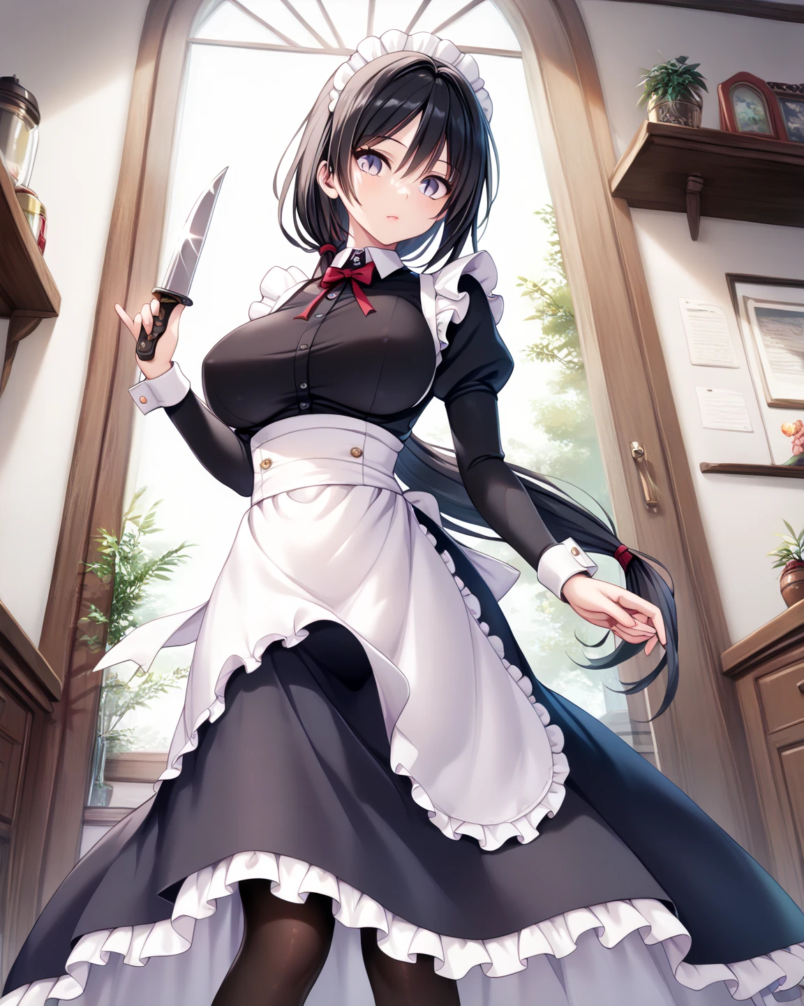  Masterpiece, One Assassin, Maid Chief ,　Short sword in hand :1.5 ,(( The dark blue fabric is accented with white fabric on the collar and hem, making it plain and less revealing:1.4)),(( tight long skirt with slits :1.4)), Long Sleeve ,White salon apron ,(( black garter belt and black knee-high tights:1.2)),Height: 170cm, beautiful body line ,Big Breasts,(( black hair, low ponytail:1.4)),, Beautiful, and Cool Faced Woman with Light Purple Eyes, beautiful model standing, viewed from oblique front,((Knife inserted into a garter that can be seen through a slit :1.4))