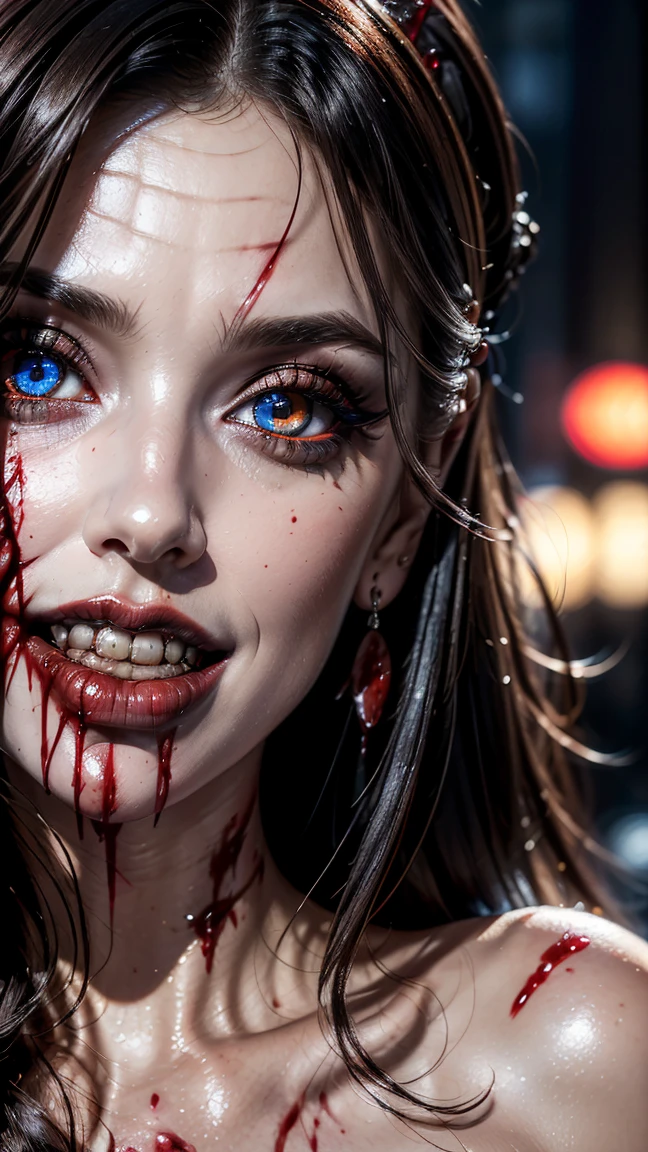 ((Close-up of face)), (ultra-detailed), ultra-realistic, cinematic portrait, highest quality, 8K, ultra-HD. A stunning fashion supermodel with vibrant red curly hair, vampire features, and a sensual, mocking smile. ((A lot of blood flows from her mouth down her face:1.5)), her sharp Dracula-like teeth visible. She is dressed in an extravagant, intricately designed street-style outfit. The scene exudes glamour with paparazzi cameras flashing around her.

Her makeup includes bold red eyeshadow, dark red lipstick, and subtle black accents, enhancing her striking beauty. Her eyes are vivid red ((perfect round eyes:1.4)), and her expression is haunting yet captivating. The intricate hairstyle is professionally styled and complements her ethereal beauty. The lighting and focus highlight every detail of her face, with ultra-realistic textures, photorealistic rendering, and enhanced cinematic quality. (Masterpiece:1.3), (absurdres), (sharp focus), (detailed skin:1.4), (detailed eyes:1.35), (detailed lips:1.2), (detailed nose:1.2)