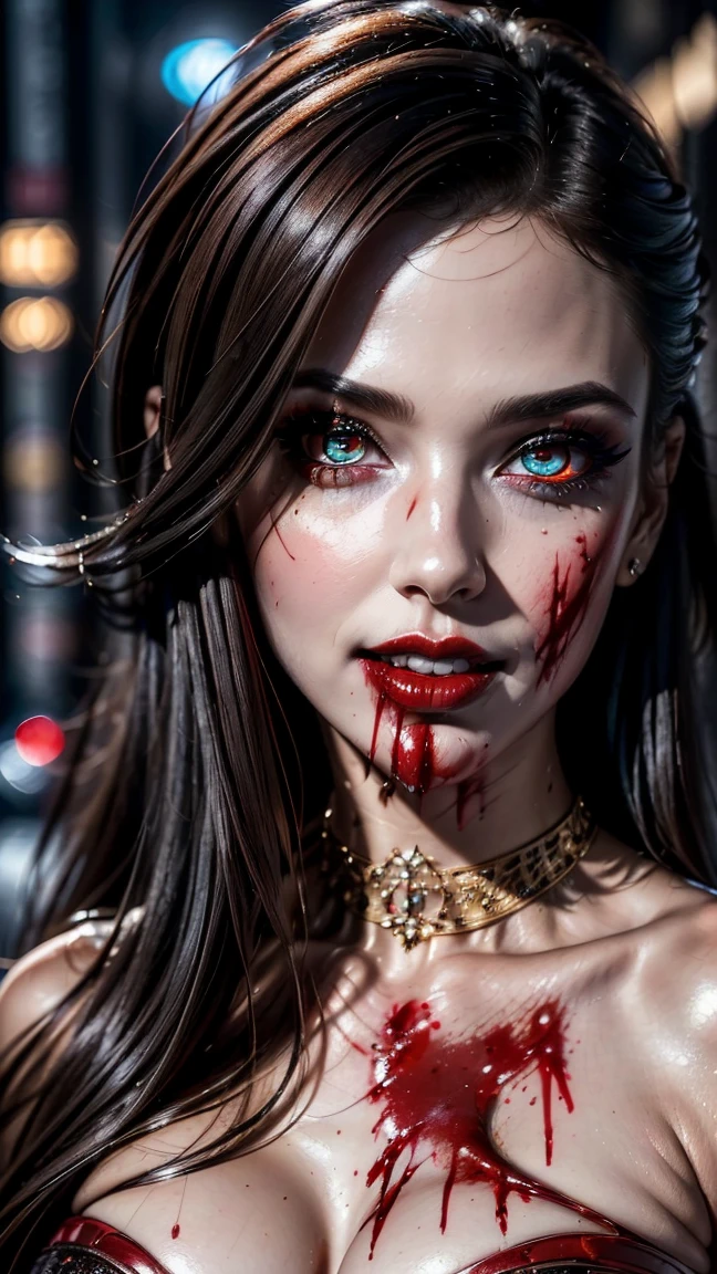 ((Close-up of face)), (ultra-detailed), ultra-realistic, cinematic portrait, highest quality, 8K, ultra-HD. A stunning fashion supermodel with vibrant red curly hair, vampire features, and a sensual, mocking smile. ((A lot of blood flows from her mouth down her face:1.5)), her sharp Dracula-like teeth visible. She is dressed in an extravagant, intricately designed street-style outfit. The scene exudes glamour with paparazzi cameras flashing around her.

Her makeup includes bold red eyeshadow, dark red lipstick, and subtle black accents, enhancing her striking beauty. Her eyes are vivid red ((perfect round eyes:1.4)), and her expression is haunting yet captivating. The intricate hairstyle is professionally styled and complements her ethereal beauty. The lighting and focus highlight every detail of her face, with ultra-realistic textures, photorealistic rendering, and enhanced cinematic quality. (Masterpiece:1.3), (absurdres), (sharp focus), (detailed skin:1.4), (detailed eyes:1.35), (detailed lips:1.2), (detailed nose:1.2)