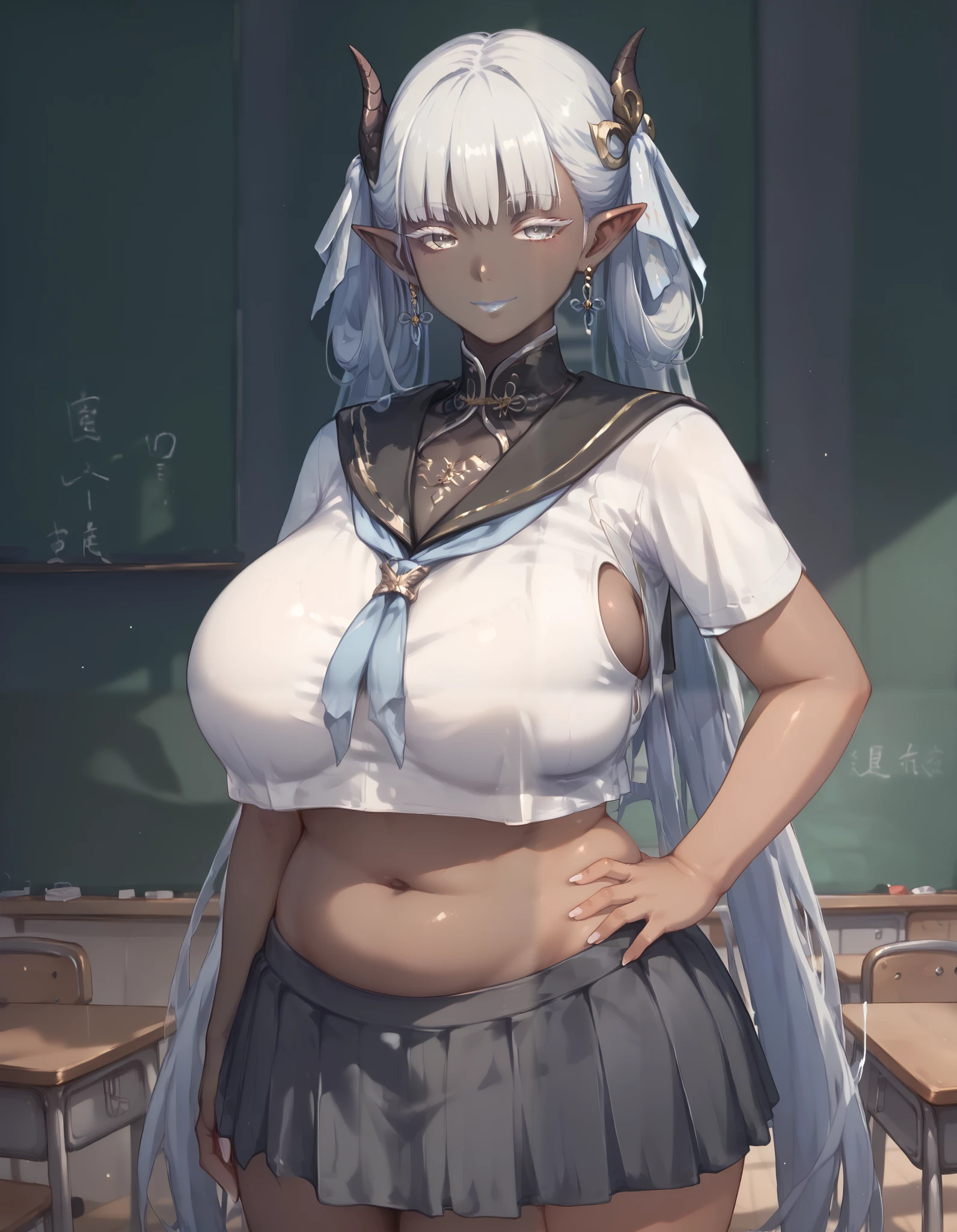 score_9, score_8_up, score_7_up, 1girl, milf, solo, plump, (colored skin, black skin:1.4), jinhsi_\(wuthering_waves\), (huge breasts:1.6), (((white hair), very long hair, bangs, long sidelocks, white eyelashes, grey eyes, half-closed eyes, pointy ears, dragon horns)), blue lips, ((serafuku, black skirt, sailor collar, crop top, navel)), ((light smile), closed mouth), ((hand on own hip, classroom))