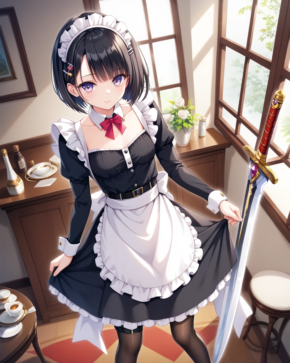  Masterpiece,  1 maid girl ,((Sword belt 1 .3, Shortswords:1.5)),(( exclusive maid clothes with dark blue fabric accented with white fabric on the collar and hem:1.4)),(( maid skirt:1.4)), Long Sleeve ,White salon apron ,(( black garter belt and black knee-high tights:1.2)),Height: 160cm, beautiful body line ,Small beautiful breasts ,(( black hair, bob cut:1.4)),((hairpin with emerald:1.3)), cute and cool woman with light purple eyes , beautiful model standing,View from above at an angle,