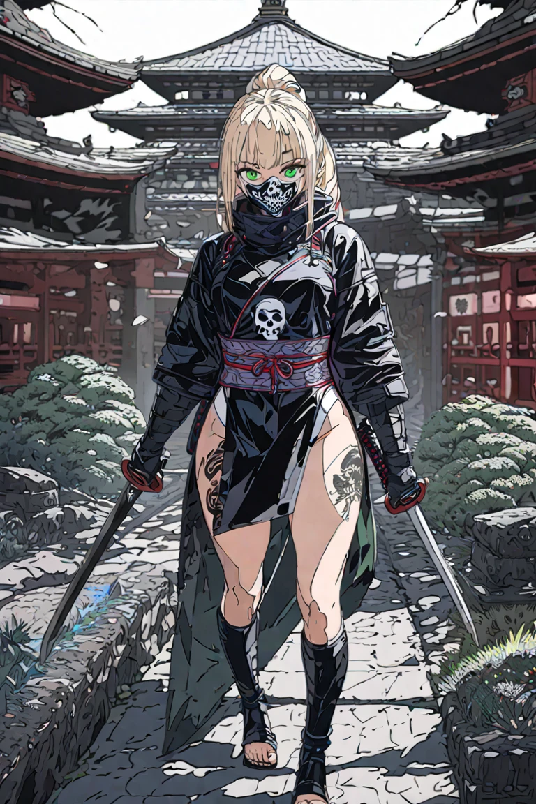 close shot, girl focus,Random pose,A female ninja on her way to her enemy,sexy full body, ponytail hair, skull drawing mask,sexy ninja suit, holding a small katana,tattoo,japanese pagoda,pond, Sakura tree, kunai and shuriken lay around,artwork,4K,Detailed,4k highly detailed digital art,octane render,masterpiece,best quality,ligne claire,(cool_color),perfect composition,absurdres, fantasy,focused,rule of thirds, light blonde hair,green eyes, (leotard,bare legs,boots,toeless legwear), cowboy shot, full body with costume