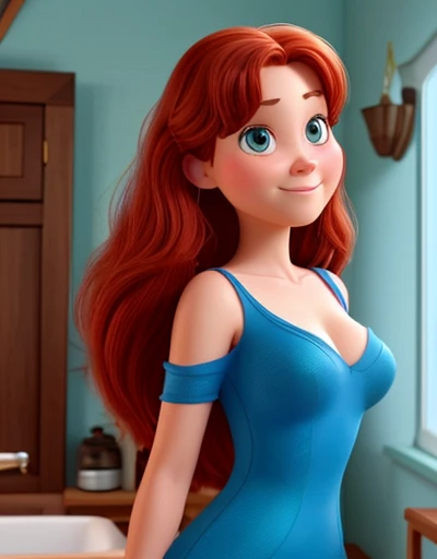   Create a 37-year-old female character in the Disney Pixar style, curvilinear, Straight haired and red-haired ,  pretty woman of Norwegian origin , desnuda, bared ,  naken, NAKED, full  naken