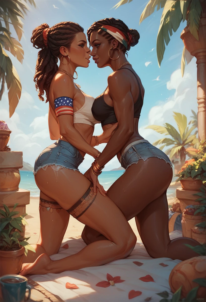 ((highest quality)), ((masterpiece)), (detailed), Perfect Face　Two Girls　Devil's Ears　Devil horns　barefoot　detailedな足　detailedな足指　detailedな足裏　only　Realistic shoe soles　5 toes　Droopy eyes　Brown Skin　Sunburned skin　Brown Skin　Gray Hair　Gray Hair　Realistic legs　On all fours　Angle from behind　Swimwear