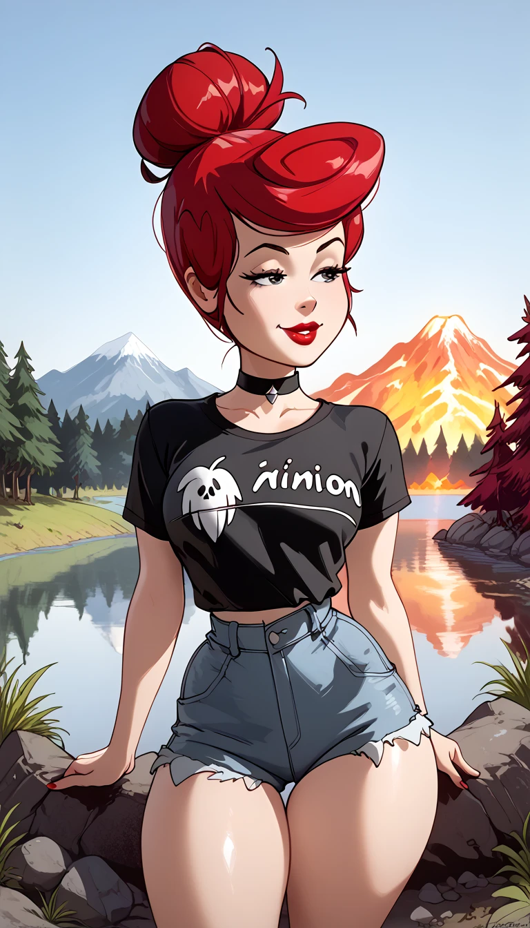 
Wilma(Flinstones),  red hair , (black t-shirt +   very short and tight brown low-waist denim shorts),  black leather choker , lipstick,   exposed legs  , thick thighs ,   shiny and oily skin  ,focus only,   half-closed eyes ,  smiling,   posing for Instagram , na selva (A LAKE, trees, Earth,  sunny day , Volcano in the Distance )