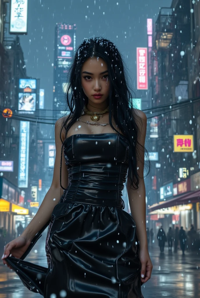 ((masterpiece)) ((photography)) ((Highest quality)) A Japanese woman in black dress with black flowing hair  a white skin in a cyberpunk city, ubder the snow