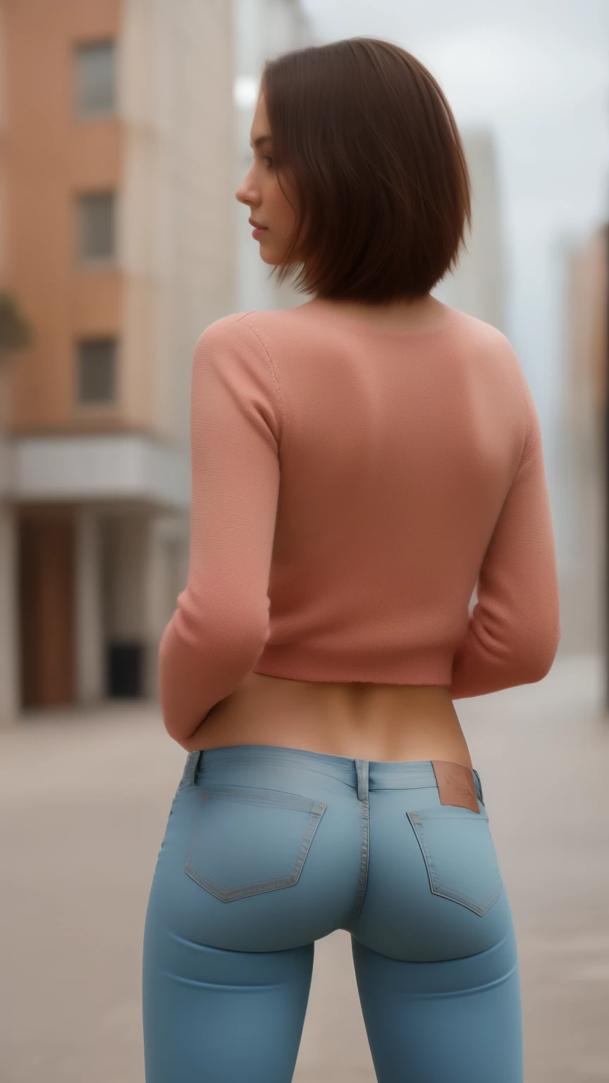 Super Skinny Girl, Spanish model. Whole body, full body, rear view, buttocks, (tight dark blue jeans), (long wool sweater), (slim thighs, thigh gap), (skinny thin hips),star eye, blush, perfect lighting, short messy hair, black eyes, realistic engine, epic realism, side lighting, (winter outdoor urban scenary), detailed face, hits, shiny skin, bottom, dark light. Ultra real style. Golden ratio
