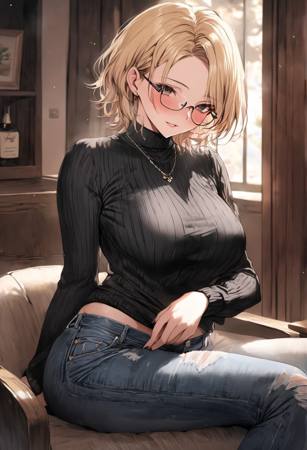 depth of field, perfect lighting, light particles,(best quality),(masterpiece),(ultra detailed),sharp focus, blue eyes, blonde hait,short hair, smile, solo, upper body, living room, scenery,20 years old,medium breasts, (black jacket, jeans tight pants), (Wearing rectangular glasses)