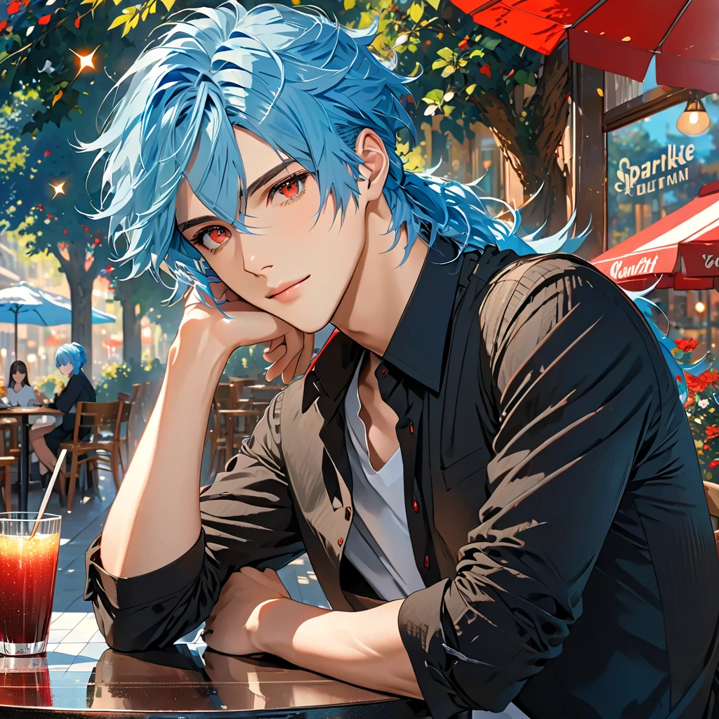 morning Cafe is background, alone, high definition ,  best quality,  textured skin, hair that flutters like, Blue Hair/Light blue hair, Red eyes,  eyes sparkle, youth, handsome,