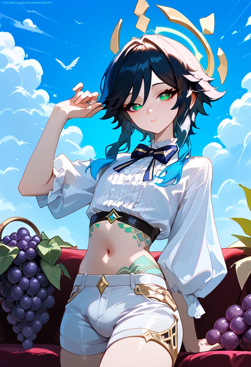 boy,femboy, venti_(archon)_(genshin_impact), 1boy, belly button, white shirt, elegant shirt, halo of light, blue sky and clouds in the background, diagram, white shorts, tattoo on belly, golden bracelets, elegant clothes, femboy, alone, wine, grapes, bunch of grapes, (((dynamic poses))), back pose -RaeganLong-SDXL-A3:1>