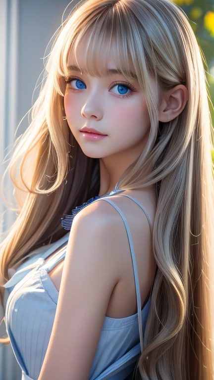 Bright expression、 Photorealism、 top quality、超A high resolution、picture、Photo of a very beautiful girl of Scandinavian origin、Extraordinary, very white, beautiful girl in the world 、 cute and beautiful face details 、( Pueros Face _v1:0.008)、美しいbangs、 Alice in Wonderland、first time々16  with an innocent young face 、Radiant, fair, glowing skin、Facial hair、顔まで伸びるbangs、目の間のbangs、 super long hair 、Glamorous bright natural platinum blonde super long straight silky hair、Thin Hair、 charming, beautiful, bright, very bright, light blue eyes、 white apron、 Blue Dress 、 eyeliner 、 double eyelids 、Ample Bust、 long hair, bangs, Blonde, 目の間のbangs, とても long hair,  hair to hide one eye,  shiny hair, Straight Hair, Hair in the eyes, Super long hair, Too much hair,  unknotted hair, 