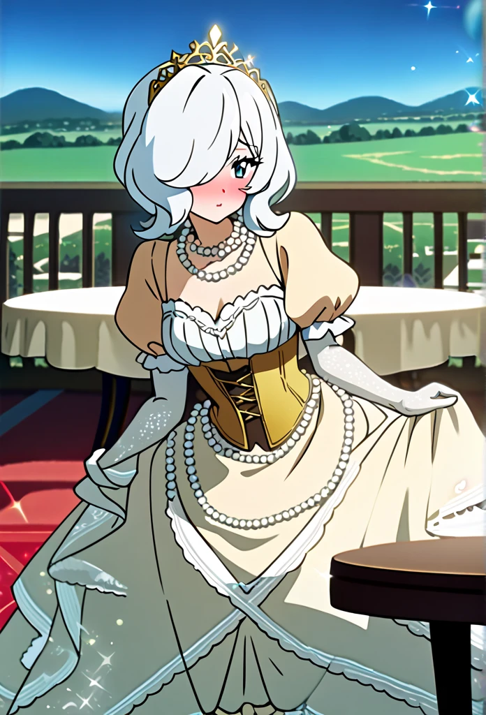 1girl, solo, masterpiece, best quality, (anime art style:1.0), Retro Vintage, Old Anime, long white hair, hair over one eye, long gold frilly dress, puffy sleeves, corset, frilly dress lacy dress, frilly silver gloves, sparkly dress, Curtsey, blue eye, hair accessories, standing next to a table, ballroom background/landscape, gold and silver tiara, silver pearl necklace, blushing