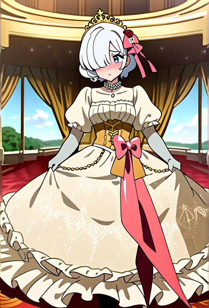 1girl, solo, masterpiece, best quality, (anime art style:1.0), Retro Vintage, Old Anime, long white hair, hair over one eye, long gold frilly dress, puffy sleeves, corset, frilly dress lacy dress, frilly silver gloves, sparkly dress, Curtsey, blue eye, hair accessories, standing next to a table, ballroom background/landscape, gold and silver tiara, silver pearl necklace, blushing