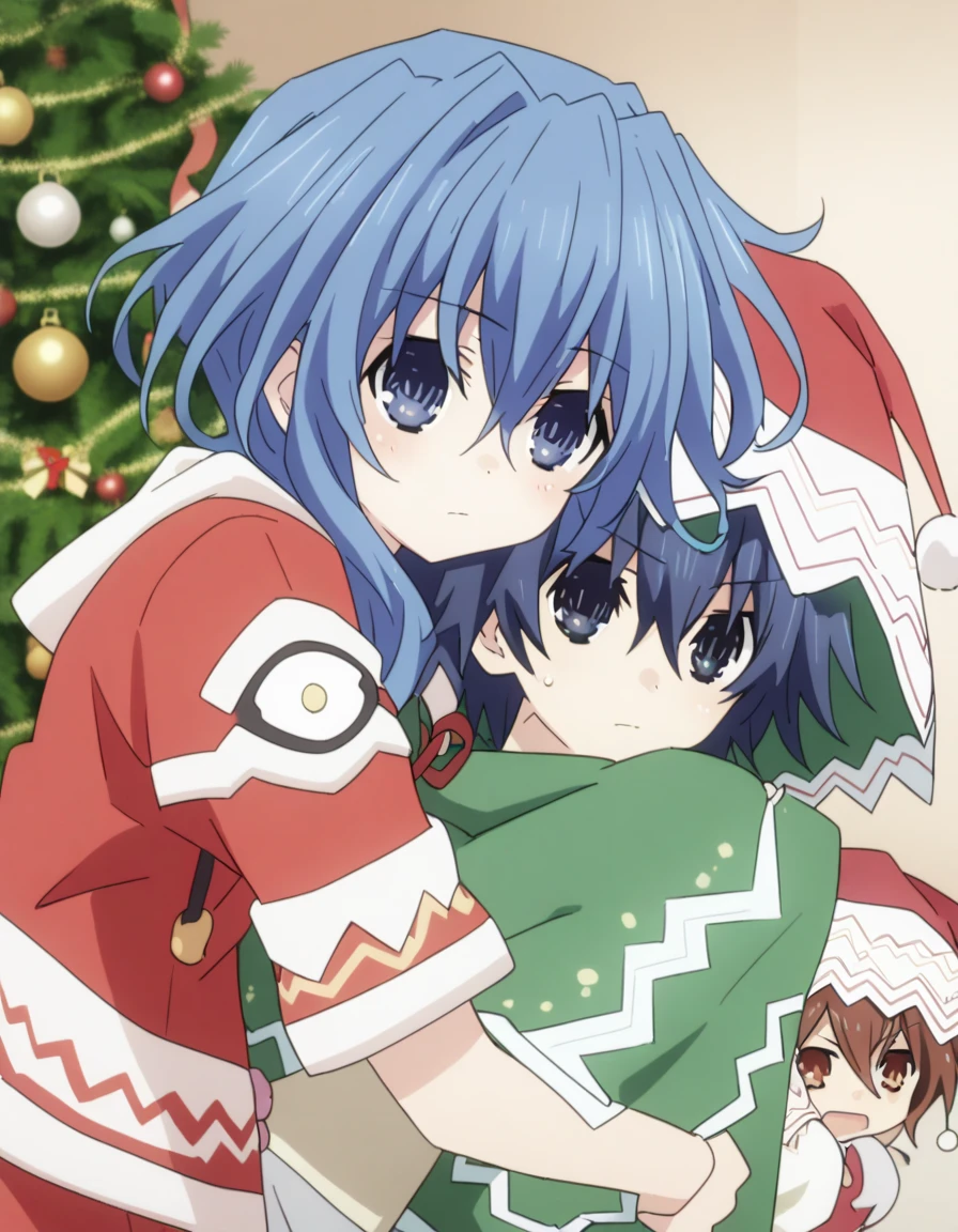 Shido , yoshino, date a live, Hug, Christmas Eve,  Christmas costumes . Blushes. Christmas room. 