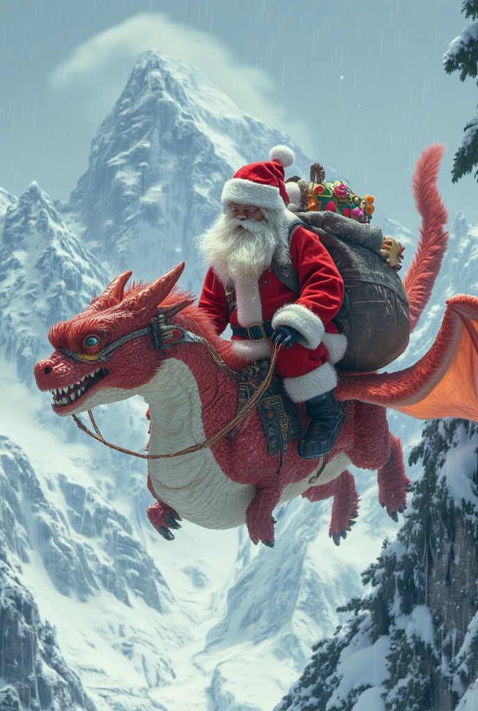 ((masterpiece)) ((photography)) ((Highest quality)) A photo of Santa Claus with his white beard and iconic red and white outfit riding a red big dragon in a snowy mountain. carrying a big bag of gifts.