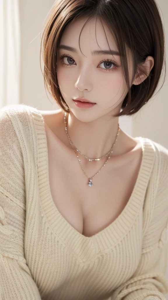 ( top quality, 8k, 32K, masterpiece,  super high resolution :1.2),  pictures of cute Japanese women,  Big Breasts,  very short bob hair, upper body,( oversized _ sweater ,:1.1)  Necklaces ,  simple background,  look around