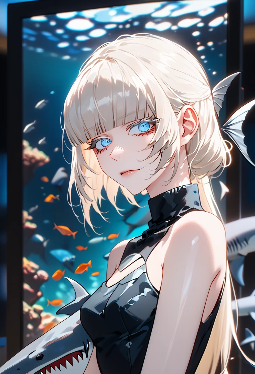 Anime style, 1 girl, 1 sexy girl, white pale skinned girl, porcelain skin, blue eyes, (HAIR: light blonde straight cut, long length, full bangs covering eyebrows, side framing fringe, extra long hair ) (BODY: half shark girl, neck gills, arm fins, dorsal shark fin )(best quality, 4k, 8k, highres, masterpiece:1.2), ultra-detailed, HDR, UHD, studio lighting, ultra-fine painting, sharp focus, physically-based rendering, extreme detail description, professional, vivid colors, bokeh, underwater, score_9, score_8_up, score_9_up, source_anime