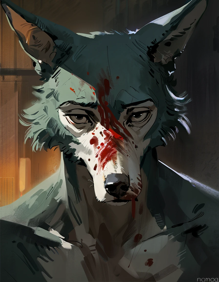 (legoshi) (beastars), (solo), male, anthro, (by seyorrol, by Nomax), (tail:1.3), depressed expression, (dark apartment background, gloomy, sad atmosphere), (naked), realistic shading, dark lighting, mysterious shadows, night scene, (epic, masterpiece, high quality, 8k, ultra HD, absurd res, top quality, best quality, max quality, masterpiece), head on, staring intensely, central framing, (direct eye contact, looking at viewer), headshot, ((blood splatter on face and head, blood soaked fur)), (realistic eyes),