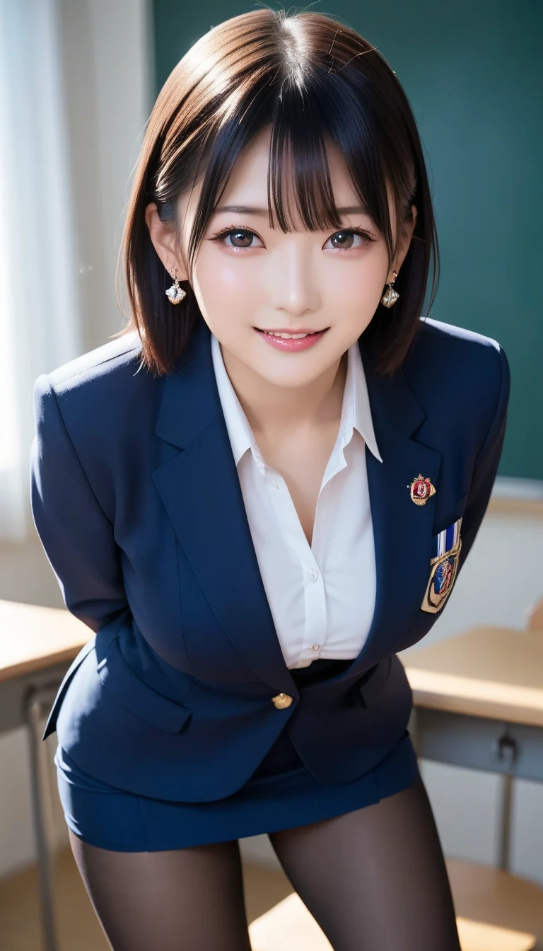 スコア_9, スコア_8_アップ, スコア_7_アップ, sアップer detailed, BREAK A breathtakingly beautiful Japanese woman with long, silky black hair, wearing a modern school uniform with a fitted blazer, short skirt, and tights. She has a radiant smile, stunning facial and eye details, and a confident yet graceful demeanor. She is posing in a classroom setting, leaning forward slightly with her hands placed behind her back, emphasizing her elegant posture. Her figure is curvaceous with a focus on her proportions, and the scene captures her in a dynamic position as she squats or does the splits. The atmosphere includes soft steam or light haze for added depth and realism. Ultra-high-definition, 32K resolution, masterpiece-level detail, Hausmo style.