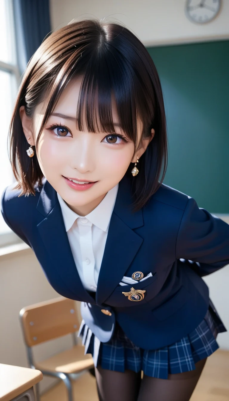 スコア_9, スコア_8_アップ, スコア_7_アップ, sアップer detailed, BREAK A breathtakingly beautiful Japanese woman with long, silky black hair, wearing a modern school uniform with a fitted blazer, short skirt, and tights. She has a radiant smile, stunning facial and eye details, and a confident yet graceful demeanor. She is posing in a classroom setting, leaning forward slightly with her hands placed behind her back, emphasizing her elegant posture. Her figure is curvaceous with a focus on her proportions, and the scene captures her in a dynamic position as she squats or does the splits. The atmosphere includes soft steam or light haze for added depth and realism. Ultra-high-definition, 32K resolution, masterpiece-level detail, Hausmo style.