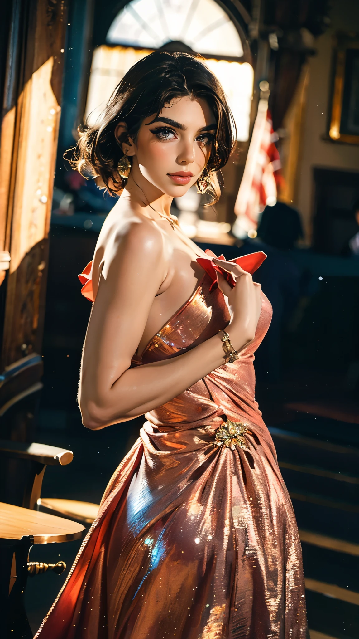 (masterpiece:1.2, best quality:1.2, extremely delicate:1.2), Karma Rx, a beautiful woman with medium-length black hair, flawless oval face, passionate gaze, sweet smile, perfect smille, blush, seductive expression, tall and graceful dancer's figure, perfect body, perfect skin, seductive action, a fantasy-realism style flamenco-inspired dress, flowing skirt, alternating red and black textures, the color scheme is primarily Red with Black accents, she gracefully performs her dance moves on the stage, this character embodies a finely crafted fantasy-realism style Flamenco dancer, exquisite and mature art style, goddess, feminine, exquisite photography, depth of field, bokeh, photorealistic, even and soft lighting on face, dramatic, high definition, highres, ultra-detailed, professional photo, perfect body proportions, anatomically correct, symmetrical face, extremely detailed eyes and face, perfect eyes, high quality eyes, creativity, RAW photo, UHD, 32k, portrait lighting, Natural light, cinematic lighting, (masterpiece-anatomy-perfect:1.2)