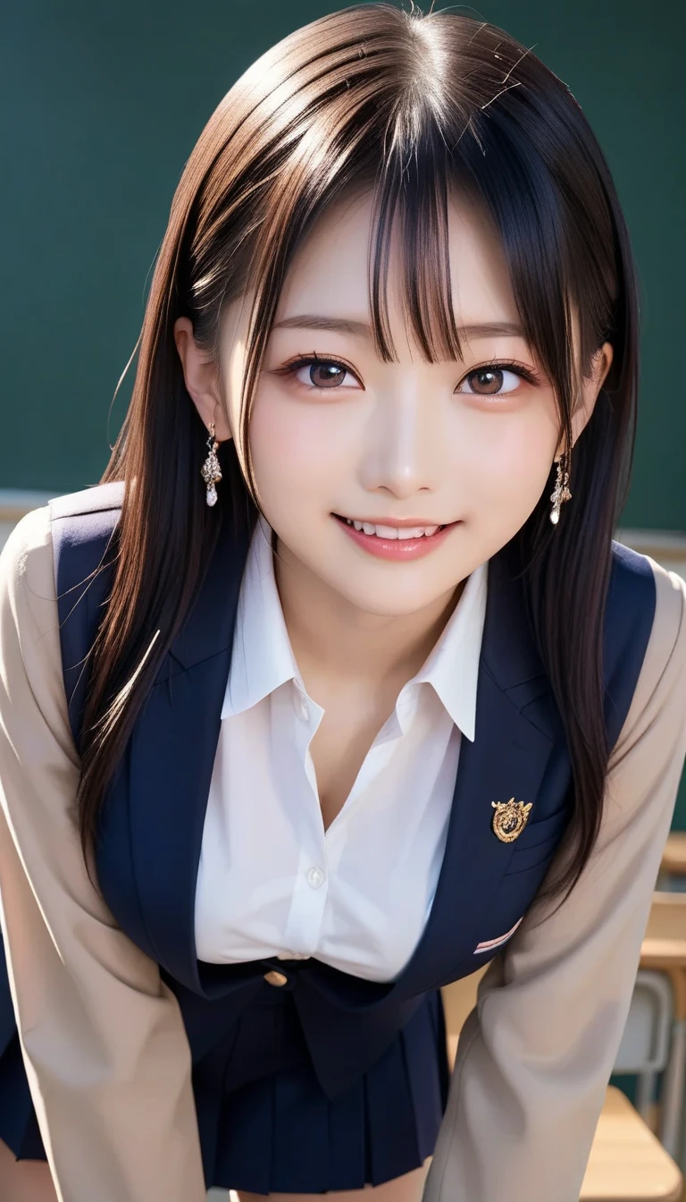 スコア_9, スコア_8_アップ, スコア_7_アップ, sアップer detailed, BREAK A breathtakingly beautiful Japanese woman with long, silky black hair, wearing a modern school uniform with a fitted blazer, short skirt, and tights. She has a radiant smile, stunning facial and eye details, and a confident yet graceful demeanor. She is posing in a classroom setting, leaning forward slightly with her hands placed behind her back, emphasizing her elegant posture. Her figure is curvaceous with a focus on her proportions, and the scene captures her in a dynamic position as she squats or does the splits. The atmosphere includes soft steam or light haze for added depth and realism. Ultra-high-definition, 32K resolution, masterpiece-level detail, Hausmo style.