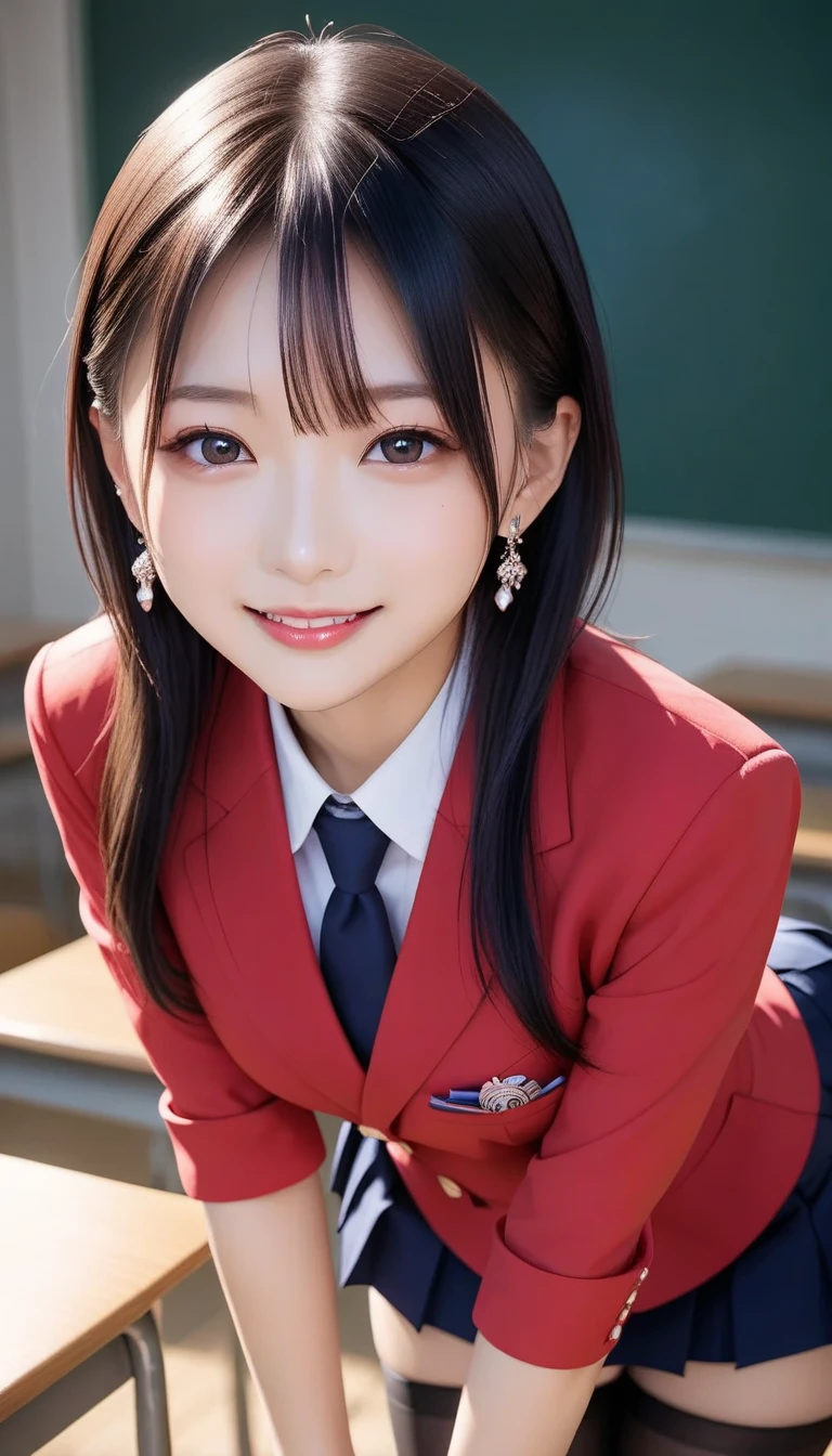 スコア_9, スコア_8_アップ, スコア_7_アップ, sアップer detailed, BREAK A breathtakingly beautiful Japanese woman with long, silky black hair, wearing a modern school uniform with a fitted blazer, short skirt, and tights. She has a radiant smile, stunning facial and eye details, and a confident yet graceful demeanor. She is posing in a classroom setting, leaning forward slightly with her hands placed behind her back, emphasizing her elegant posture. Her figure is curvaceous with a focus on her proportions, and the scene captures her in a dynamic position as she squats or does the splits. The atmosphere includes soft steam or light haze for added depth and realism. Ultra-high-definition, 32K resolution, masterpiece-level detail, Hausmo style.