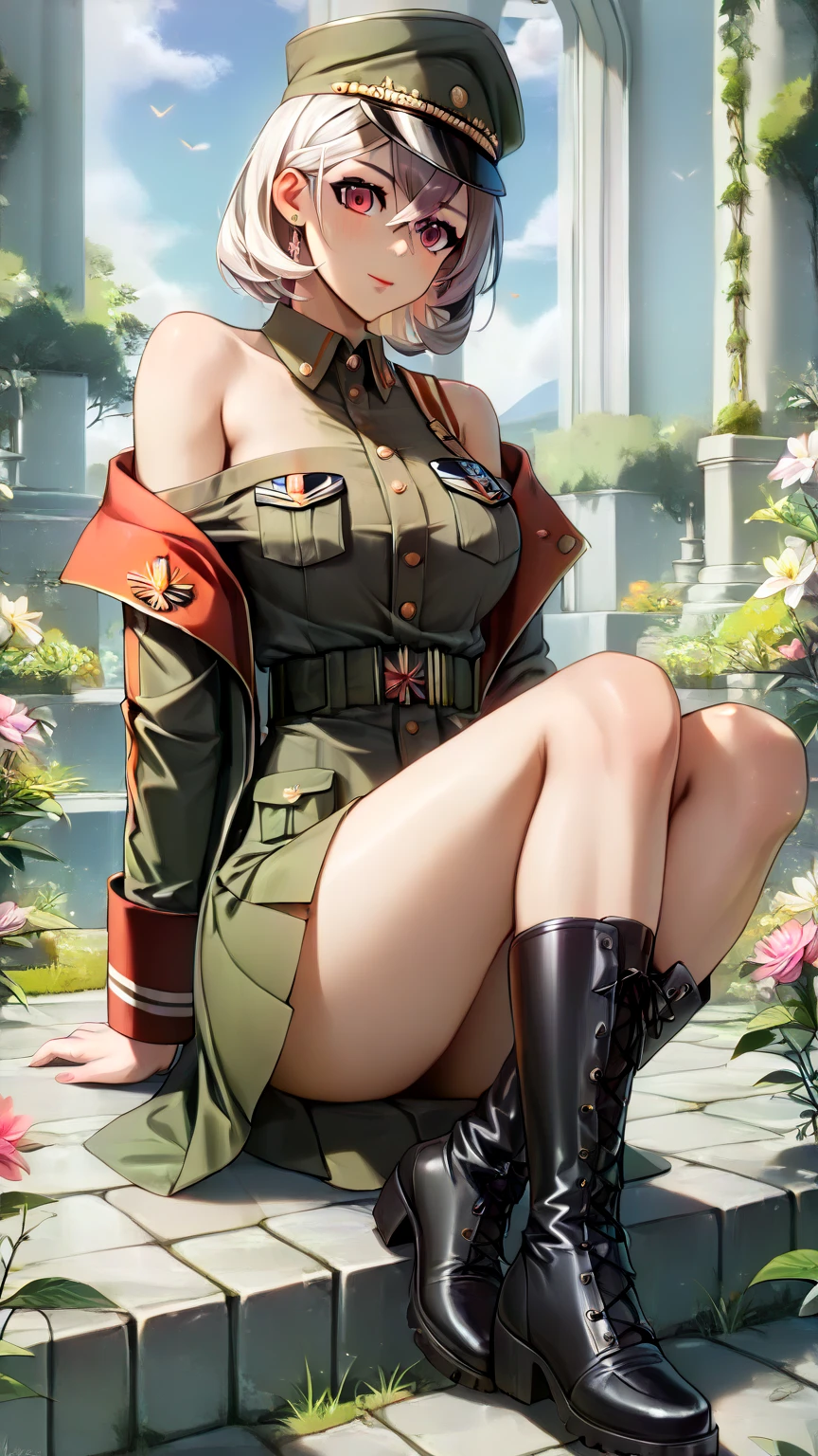 (( top quality)),( super high resolution ),( super detailed),( Detailed explanation ),(( best CG )),( Best Artwork ), Ultra Precision Art, amazing painting art,( is a work of art drawn with care down to the smallest detail:1.5), (A Female General :1.5),( A beautifully arranged face :1.5),((Off-the-shoulder military uniform:1.8)), tight skirt , Knee High Boots :1.4