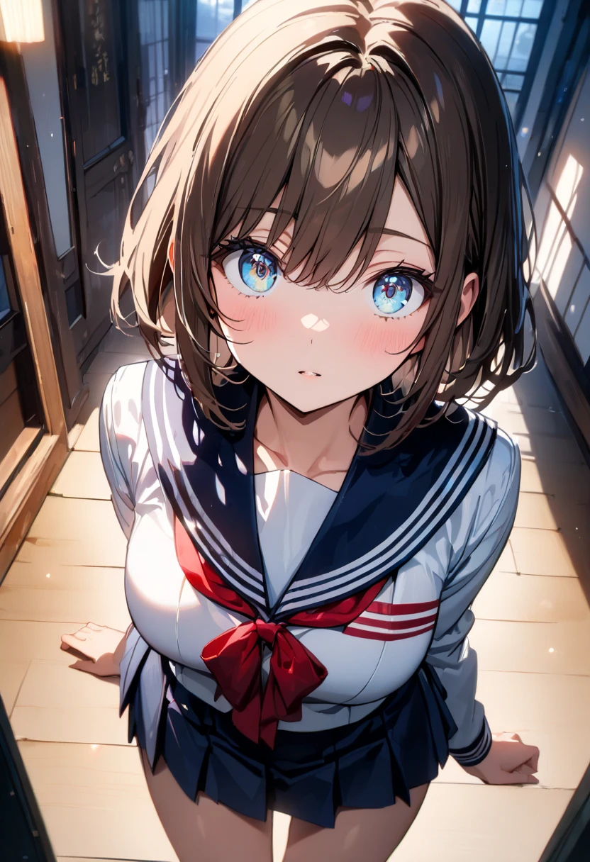 (highest quality:1.2, 4K, 8k, Studio Anime, Very detailed, Latest, Vibrant, High detail, High Contrast, masterpiece:1.2, highest quality, Best aesthetics), (((1 girl))), Sit and pose, jk, Sailor suit, Pleated skirt, loose socks, loafers, Please open your mouth a little:1.2, smile, Dynamic Angle, look up:1.3, Friendly atmosphere, Beautiful Hair, Shiny Hair, Beautiful Skin, detailed face and eyes, Glossy lips, female curvy beauty, Striking contrast,
