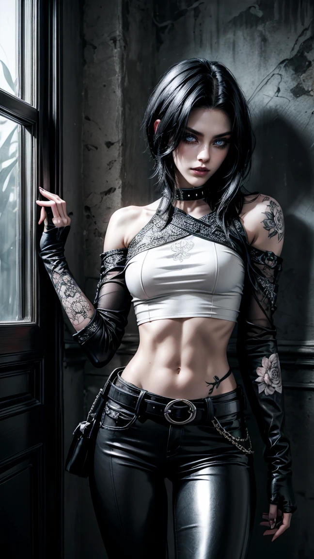 Cinematic, highly detailed, realistic, One woman with very short black hair with red tips, ( emo hairstyle, ), goth, pale white skin, evil smirk, (girls bedroom background), dark lighting, cold atmosphere, lore_Emma , blue eyes , dark eyeliner, (ultra dark glossy black lipstick), bored expression, gorgeous face , super cute, 18 years old , hyper detailed face, (super skinny figure , small breast, thin waist), back leaning against wall, one raised arm behind head, slim legs, slim hips, LowriseXL, (ultra low rise wet look shiny leather pants with transparent flower pattern), (mesh shirt with flower pattern layered by bare shoulder white t-shirt), black choker, vulva tattoo, (white lotus flower in hair), ((flower pattern tattoo)), fingerless leather gloves, (black nail polish), faded tattoo's, ((thigh belt)), ((hip chains)), ((belt hanging on hip)), ((many studded belts))