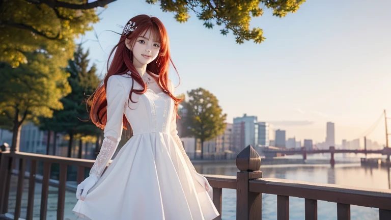 ((masterpiece, top quality)),8k wallpaper,1 cute girl, 18 years old、 long hair, Red Hair, Alone,  dress, red eyes,  viewers who stop at the edge,  Long Sleeve ,  is standing,  Building , white  dress,  gloves,  Hair Ornaments,  black jacket , smile, Floating Hair,  dutch angle,   closed mouse, Look away,  outdoor