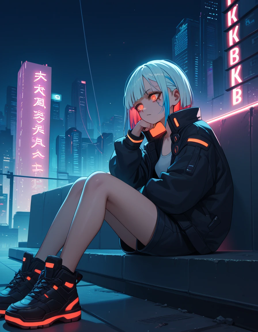 score_9, score_8_up, score_7_up, score_6_up, score_5_up, score_4_up, source_anime, BREAK, 1girl, cyberpunk, city, night, neon lights, multicolored hair, red eyes, glowing eyes, sitting, outdoors, buildings