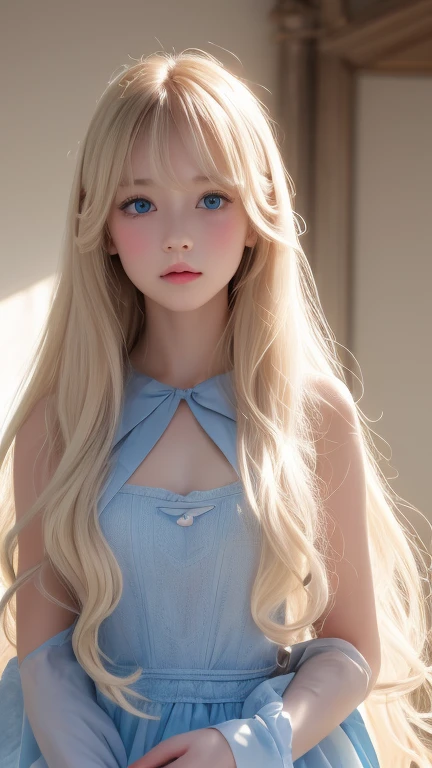 Bright expression、 Photorealism、 top quality、超A high resolution、picture、Photo of a very beautiful girl of Scandinavian origin、Extraordinary, very white, beautiful girl in the world 、 cute and beautiful face details 、( Pueros Face _v1:0.008)、美しいbangs、 Alice in Wonderland、first time々16 year old with an innocent young face 、Radiant, fair, glowing skin、Facial hair、顔まで伸びるbangs、目の間のbangs、 super long hair 、Glamorous bright natural platinum blonde super long straight silky hair、Thin Hair、 charming, beautiful, bright, very bright, light blue eyes、 white apron、 Blue Dress 、 eyeliner 、 double eyelids 、Ample Bust、 long hair, bangs, Blonde, 目の間のbangs, とても long hair,  hair to hide one eye,  shiny hair, Straight Hair, Hair in the eyes, Super long hair, Too much hair,  unknotted hair, 