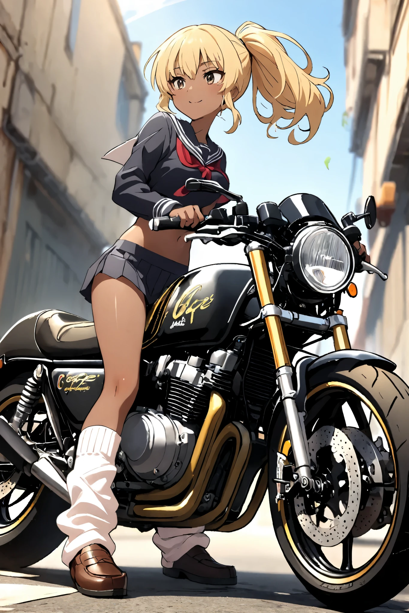 1 high school girl rides a motorcycle tuned to cafe racer specifications,  sailor suit, loose socks, loafers, glossy brown skin, small breasts, video, Yellow Hair, ponytail, 